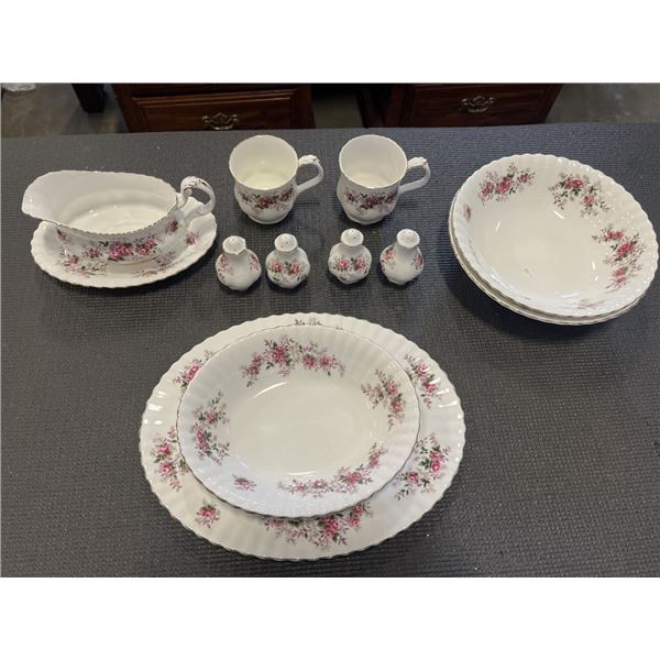 LAVENDER ROSE PLATTER, GRAVY BOAT, 2 OVAL REGULAR DISHES, 2 ROUND REGULAR DISHES, 4 SALT AND PEPPERS