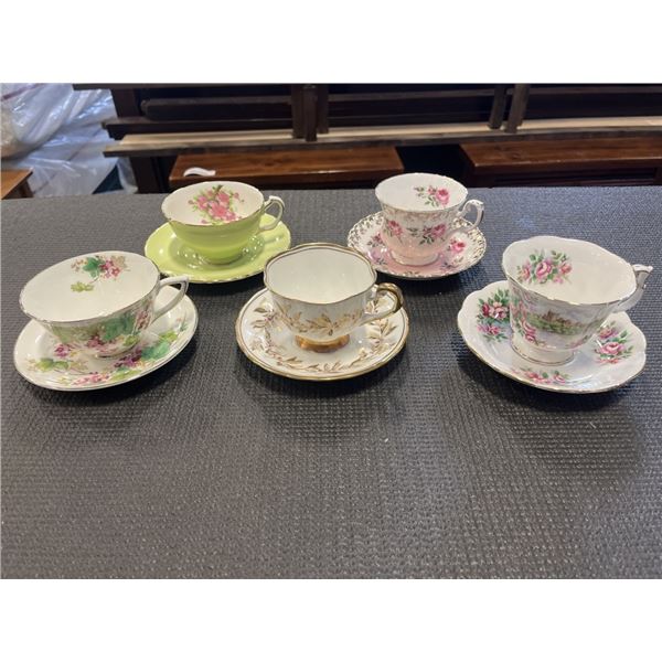 GROUP OF 5 CUPS AND SAUCERS, ROYAL ALBERT ANCESTRAL SERIES, ROYAL DALTON ROYAL ALBERT BRIDESMAID ROS