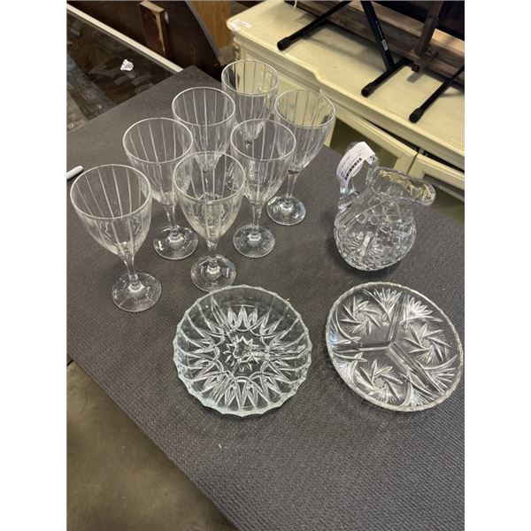 CRYSTAL WINE GLASSES, DECANTER, AND 2 SERVING DISHES
