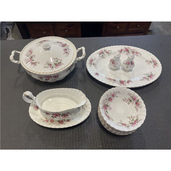 LAVENDER ROSE - ONE COVERED REGULAR DISH, 1 GRAVY BOAT AND SAUCER, SALT AND PEPPERS, 8 FRUIT NAPPIES