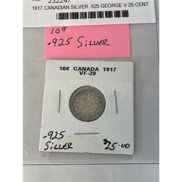 1917 CANADIAN SILVER .925 GEORGE V 25 CENT