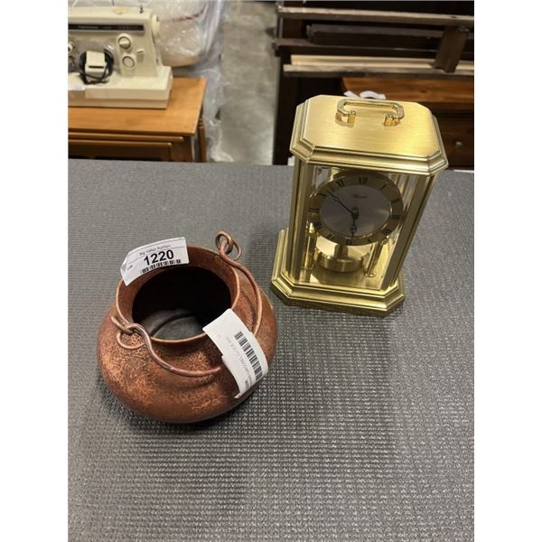 BRASS GERMAN CAROUSEL CLOCK AND HAMMERED COPPER POT