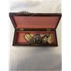 Image 1 : ANTIQUE BOX WITH VARIOUS RELIGIOUS ITEMS, PINS AND COMMUNION CONTAINER