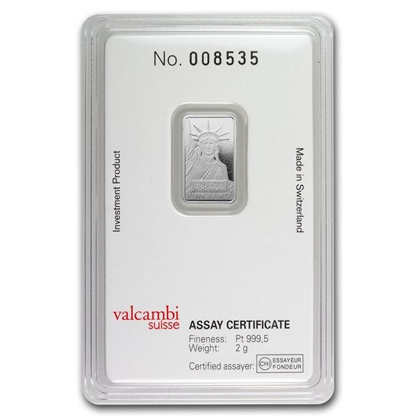 2 gram Platinum Bar Credit Suisse Liberty (In Assay)