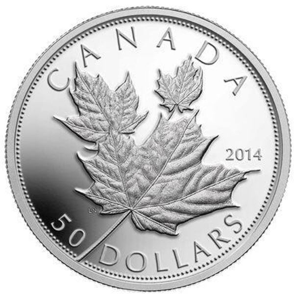 RCM 2014 Fine Pure Silver $50 High Relief Coin Maple Leaves - Wood Case 5 Troy Ounces