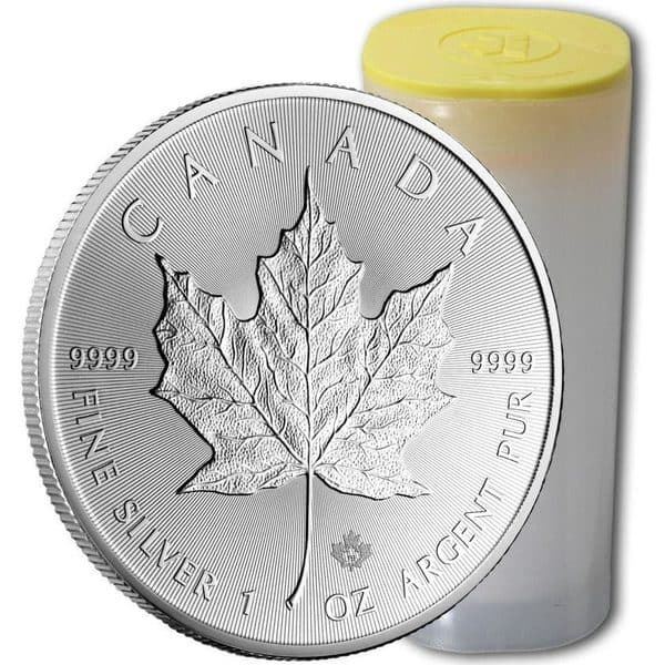 Tube Of 25 - 1oz Canadian Silver Maple Leaf Coins