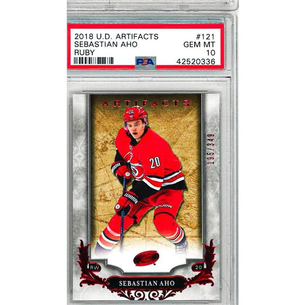IR - 2018-19 Upper Deck Artifacts Stars Ruby 50/349 Sebastian Aho #121 Graded 10 PSA