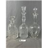 Image 1 : 3 Glass Decanters w/ Stoppers - 8.5"H Cut Glass, 12"H w/ Etched Design & 12"H w/ Floral Design