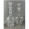 Image 2 : 3 Glass Decanters w/ Stoppers - 8.5"H Cut Glass, 12"H w/ Etched Design & 12"H w/ Floral Design