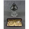 Image 1 : Vintage Glass Condiment Jar w/ Metal Lid. Approx. 7.5"H & Antique Spectacle Glasses In Case
