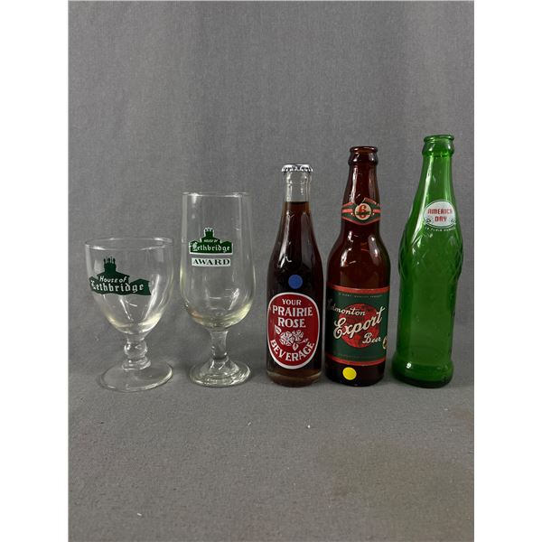 3 Vintage Soda Pop/Beer Bottles (1 w/Contents) & 2 House Of Lethbridge Cocktail Glasses
