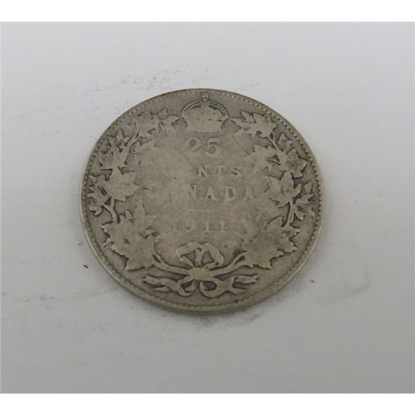 1911 Canadian Silver 25 Cent Coin