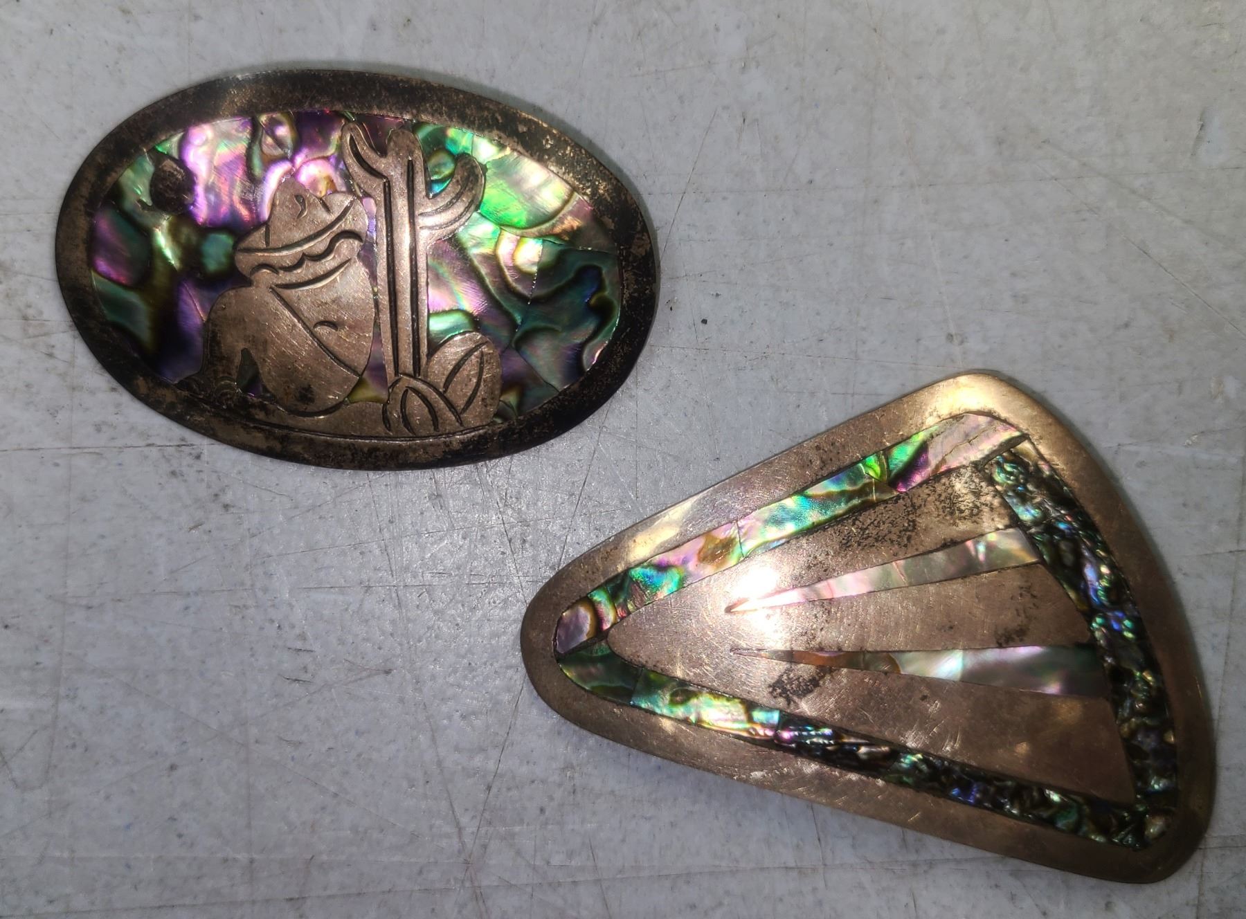 2 x Abalone Shell Silver Broaches Makers Mark PA