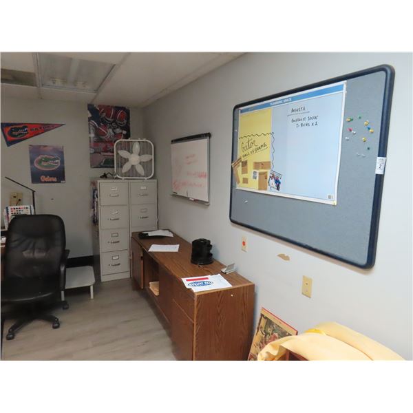 Office Contents w/Computer Peripherals, Fan, File Cabinet, Chairs, Desk Supplies