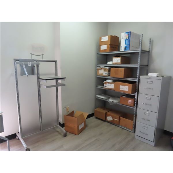 Remainder of Office w/Merchandising, Desk, Storage Racks, Computer Peripherals, Chairs