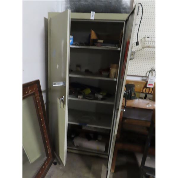 Tan Metal Storage Cabinet w/Some Supplies