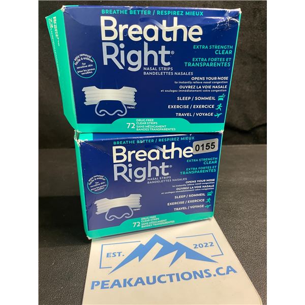 2 Boxes of Breathe Right Nasal Strips - Extra Strength Clear - 72 Strips Per Box - Exp: 2029-02-28