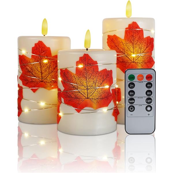 3-Pack of LED Flameless Candles - Maple Leaf Aesthetic Design - Battery Operated - New