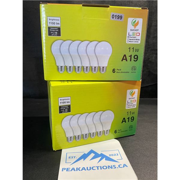 2 Boxes of LED Lightbulbs - 6 Per Box/12 Total - 11W A19 1100lm Brightness; Standard E26 Base - New