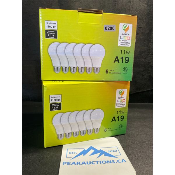 2 Boxes of LED Lightbulbs - 6 Per Box/12 Total - 11W A19 1100lm Brightness; Standard E26 Base - New
