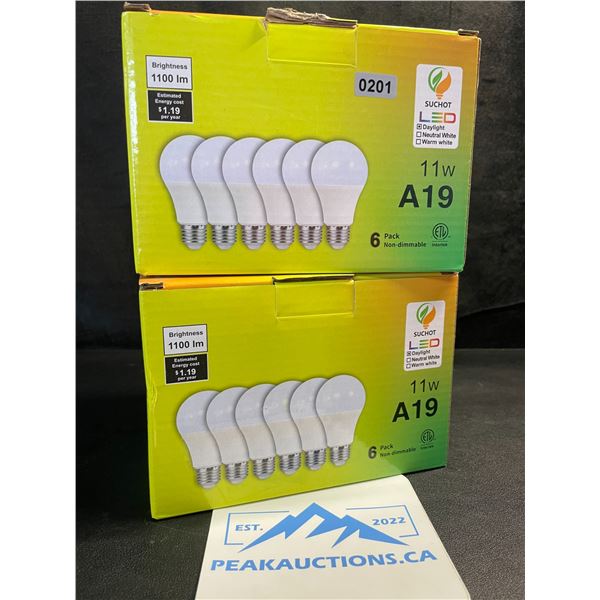 2 Boxes of LED Lightbulbs - 6 Per Box/12 Total - 11W A19 1100lm Brightness; Standard E26 Base - New