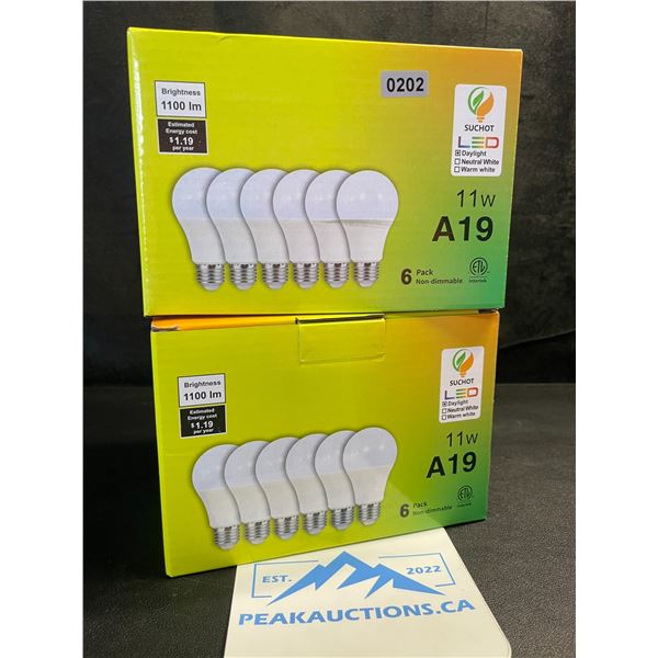 2 Boxes of LED Lightbulbs - 6 Per Box/12 Total - 11W A19 1100lm Brightness; Standard E26 Base - New