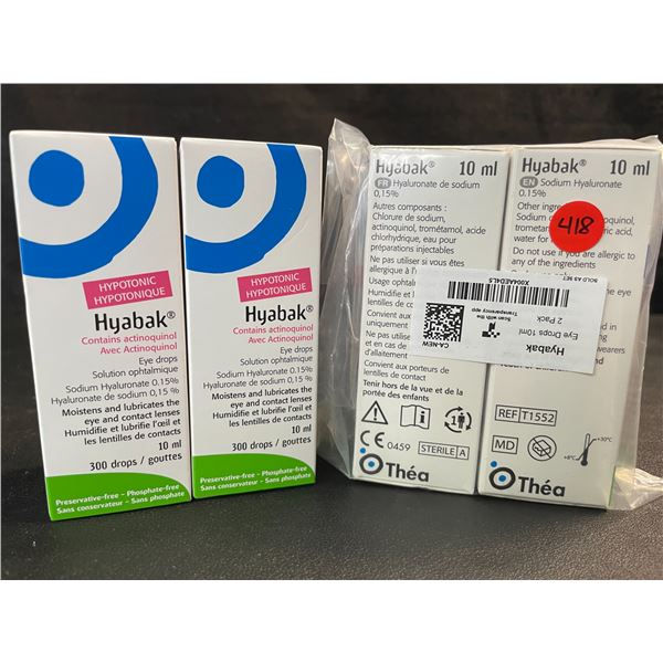 2 Double-Packs of Thea Hyabak Eye Drops (2 x 10ml) - Hyaluronic Acid for Dry Eyes - New