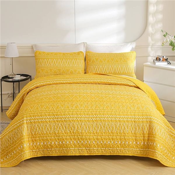 1 Wongs Bedding 3PC Yellow Boho Quilt Set/Bedspread Set - Queen Size - New Sealed