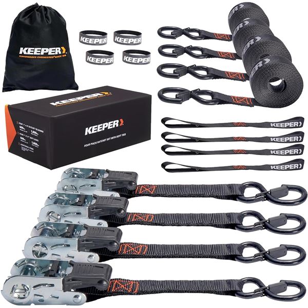 Keeper Ratchet Tie Down Kit - 4PK - 1800lbs Break Strength - (4 x 1" x 15FT Ratchet Tie Downs) - New