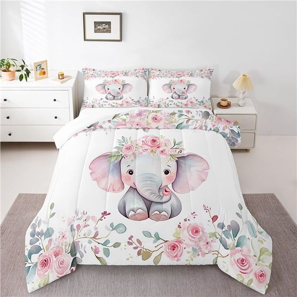 1 Girls Kawaii Cute Elephant Comforter Bedding Set - Queen Size (90 x 90") w/ 2 Pillow Cases - NEW