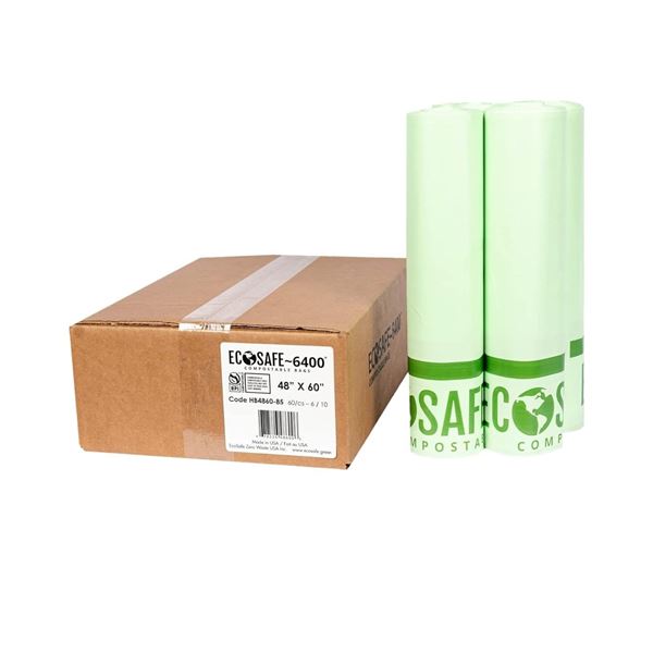 1 Box of EcoSafe 48"x60" Large Certified Compostable Bags for 64 Gallon Green Bins; Box of 60pcs - N