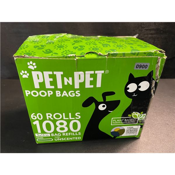 1 Box of PetnPet Dog Poop Bags - 60 Rolls/1080 Bags - Unscented - 9 x 13" Size - New (Dmg Box)