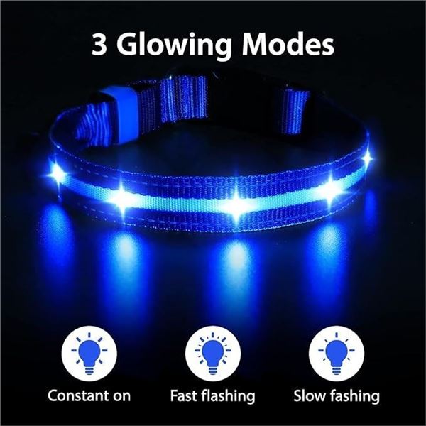 2 Masbrill LED Light-Up Dog Collars/Safety Collars - Size Medium - Blue - Brand New