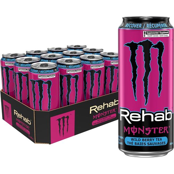1 Case of Monster Rehab Energy Drinks - Wild Berry Tea - 12 x 458ml Cans - (BB: AL 10/2026)