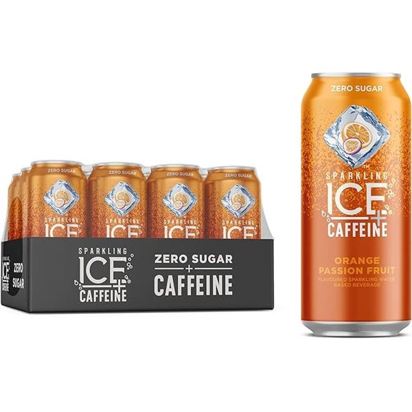 1 Case of Sparkling Ice Caffeine Orange Passionfruit Sparkling Waters - 12 x 473ml Cans (BB: APR 25)