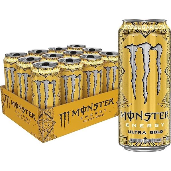 1 Case of Monster Energy Drinks - Ultra Gold - 12 x 473ml Cans - (BB: MA 11/26)