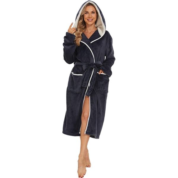 1 Women's Plush Hooded Fleece Robe - Luxury Full Length Robe - GREY* - New Sealed