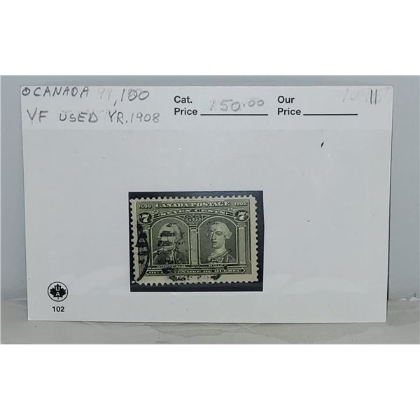 Canada 100 VF Used Montcalm & Wolfe Issue YR 1908 Cat $150.00