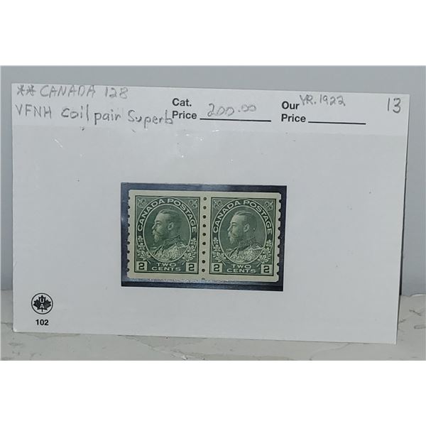 Canada 128 VF NH Coil Pair King Edward "Superb" YR 1922 Cat $200.00
