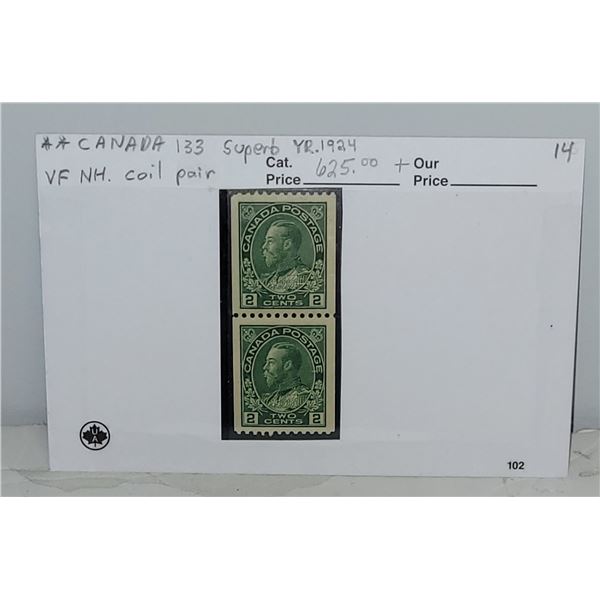 Canada 133 VF NH Coil Pair King Edward "Superb" YR 1924 Cat $625.00+