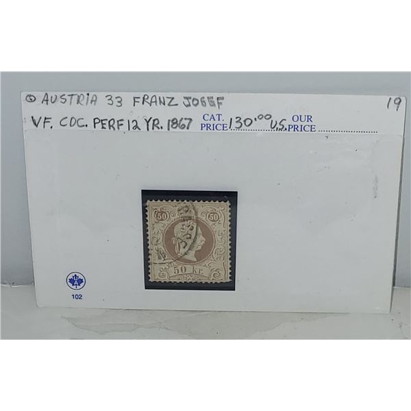 Austria 33 VF CDC Used Perf 12 Franz Josef Issue YR 1867 Cat $130.00 US