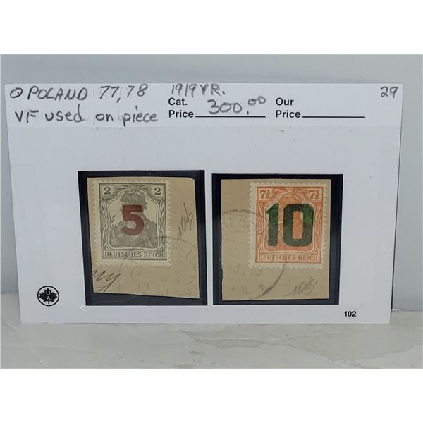 Poland 77, 78 VF Used On Piece "Scarce" $300.00 US YR 1919