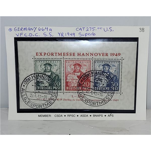 Germany 664A VF CDC Souvenir Sheet "Superb" YR 1949 Cat $275.00 US