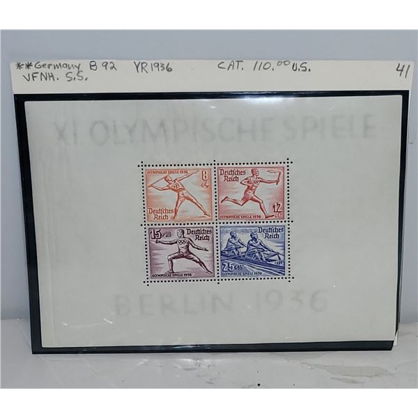 Germany B92 VFNH Souvenir Sheet 1936 Berlin Olympics Cat $110.00 US