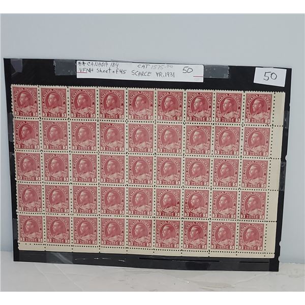 Canada 184 VF NH Scarce Sheet of 45 YR 1931 King Edward Cat $1575.00