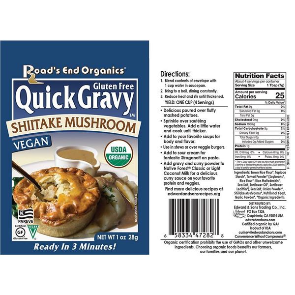 NEW 12 X 28G ROADS END QUICK GRAVY MUSHROOM VEGAN