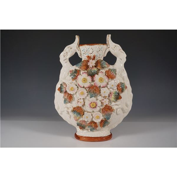 English Majolica Floral Encrusted Lizard-Handled Vase