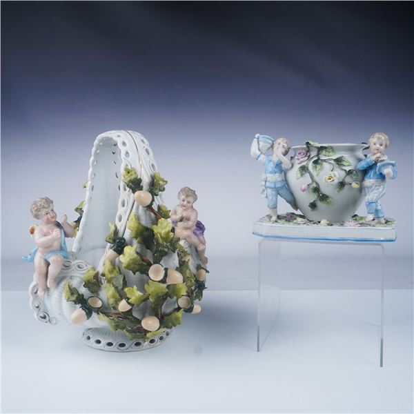 Sitzendorf Porcelain Basket and Vase, Pair