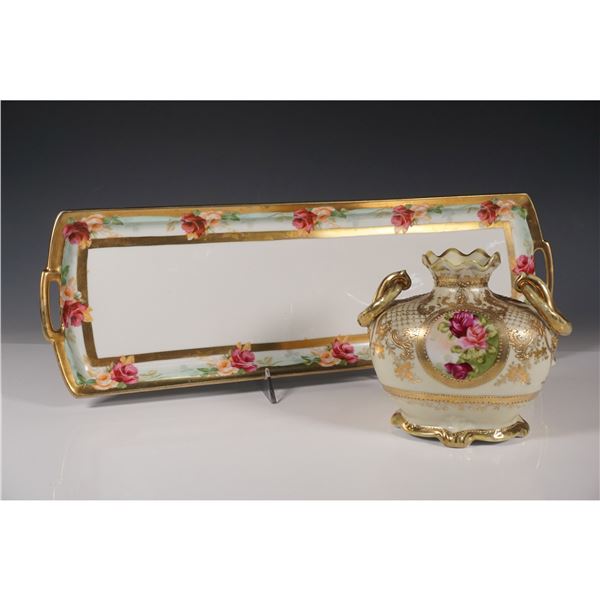 2pc MZ Austria Tray and Nippon Double Handled Vase