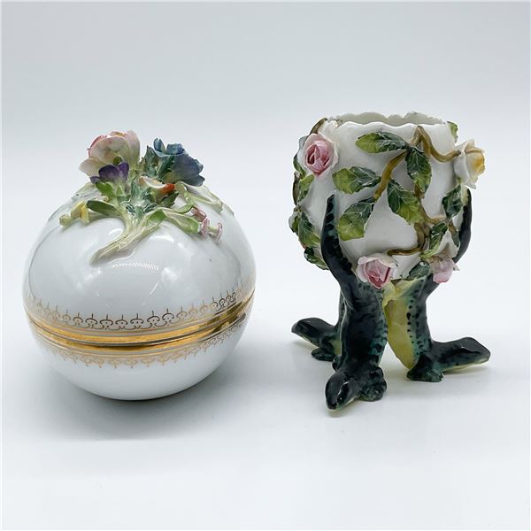 2pc Porcelain Treasure Box and Egg Vase
